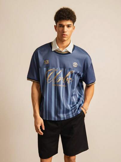 Manfinity VCAY 男士标准尺码时尚休闲宽松蓝色和金色烫金运动夹克，适合日常穿着