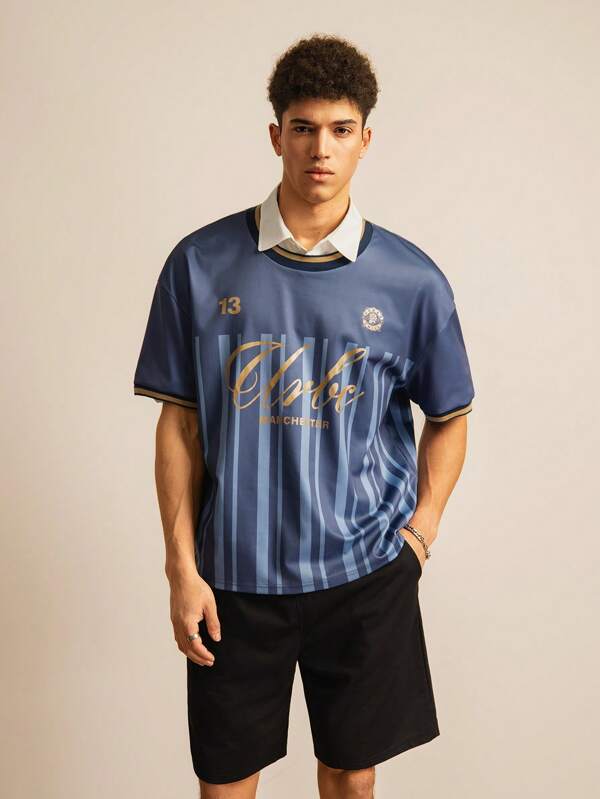 Manfinity VCAY 男士标准尺码时尚休闲宽松蓝色和金色烫金运动夹克，适合日常穿着