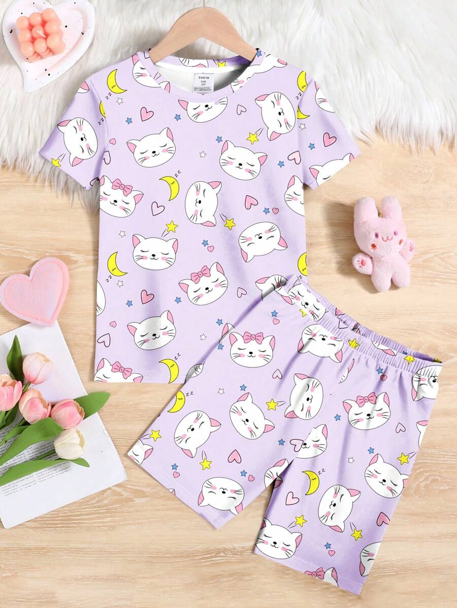 SHEIN Leap Crew Tween 女童休闲简约短袖短裤套装,修身款,适合春夏季 - 彩色 - 查看 1