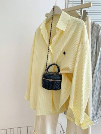 INAWLY 女式骑士印花条纹长袖单排扣休闲衬衫