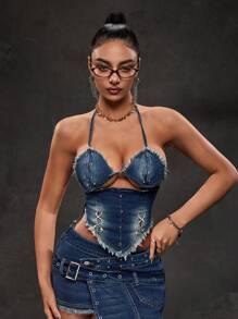SHEIN ICON Women Frayed Trim Halter Neck Open Back Asymmetrical Hem Sexy Denim Top - Blue - View 5