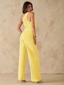 SHEIN BAE Summer Beach Vacation Elegant Solid Black Asymmetrical Collar Off-Shoulder One-Shoulder Jumpsuit, Suitable For Daily Dating, Night Out, Nightclubs, Parties, Get-Togethers, Cocktail Parties, Pool Parties, Office Wear, Commuter Jumpsuits, Holiday Jumpsuits