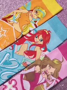 The Winx X SHEIN 3 paia di calze a mezza gamba da donna con motivi asimmetrici a cartoni animati, calze a righe magiche morbide e traspiranti con punta e tallone rinforzati, versatili per tutte le stagioni