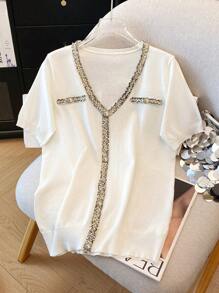 SHEIN LUNE Summer Casual Commute Color Block Knitted Sweater Top - Beige - View 3