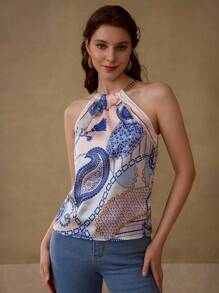 MOTF PREMIUM ALLOVER PRINT CHAIN HALTER TANK TOP - Pink - View 5