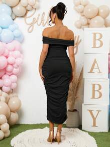 Loomaby Maternity Solid Color Ruched Off Shoulder Short Sleeve Fitted Elegant Dress - Black - View 2