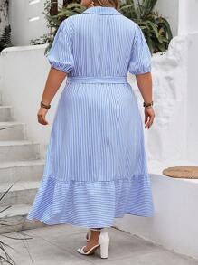 SHEIN CURVE+ Bohemian Style Blue & White Striped Print Ruffle Hem Tie Waist Casual Dress, Plus Size, Summer, Curve Plus, Boho Vacation Beach Outfits For Woman/Beach Dress/Beach Vacation Outfits/Beach Essentials / Graduation/Tea Party Dress