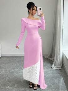 Elenzga 女士斜肩披肩美人鱼晚礼服 - 粉色 - 查看 7