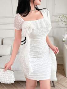 Modelyn Women's Elegant Solid Color Ruched Lace Mini Dress, Summer - White - View 3