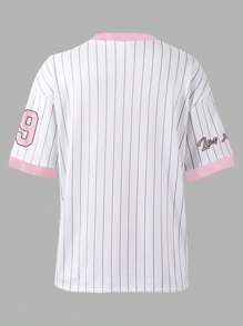 SHEIN Camiseta deportiva informal para niñas preadolescentes, camiseta de cuello en V con estampado de letras y números