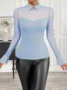 Chiquease Mesh Contrast Collar Sheer Elegant Long Sleeve T-Shirt, Suitable For Summer - Blue - View 3
