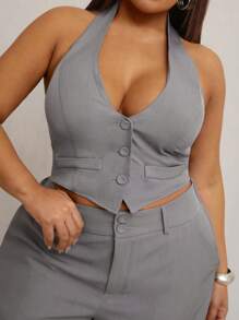SHEIN SXY Conjunto de 2 piezas elegante y sexy para mujer talla grande para primavera y verano: Top de tirantes ajustado gris + Pantalones rectos de doble botonadura con cintura ancha a juego, apropiado para uso diario