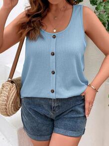 SHEIN VCAY Plus Size Summer Casual Solid Color Front Button Tank Top - Baby Blue - View 3