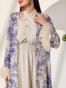 Al Najma 女士花卉印花仿皮草长袍和吊带长袍套装，阿拉伯风格服装 - 彩色 - 查看 6