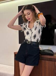 Pariaura Women's All-Over Print Front Button Casual Short Sleeve Shirt Club Polo Ralf Lauren - Multicolor - View 4