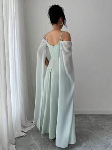 Rafferiza 法式优雅性感派对礼服，无袖露肩褶皱雪纺拼接透视袖收腰长裙，绿色，春夏 - 綠色 - 查看 2