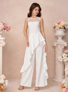 SHEIN Pitira Teen Girl White Solid Color Stitching Lace Backless See-Through Elegant Sweet Ruffle Jumpsuit, Elegant Luster, Suitable For Summer, Parties, Birthday Parties, Career Parties And Bridesmaid Parties