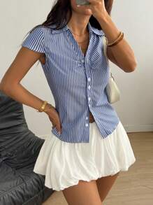 Flirla Casual Style Cinched Waist Front Open Hooded Short Sleeve Shirt