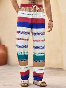 Manfinity VCAY Men's Casual Woven Striped Mid-Waist Drawstring Straight Leg Pants