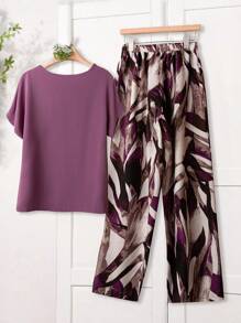 Rusticease Women Solid Color Round Neck Short Sleeve Top And Flower Print Wide Leg Pants Set For Summer Two Pieces Outfits Linen Cute Summer Top  Streetwear Women  European Summer Women's Summer Clothes