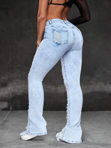 SHEIN ICON Women's Casual Light Wash Extra Long Denim Jeans With Distressed Ripped Detailing And Zipper Closure - Light Wash - View 2