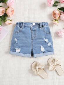 SHEIN Young Girl Spring Summer Boho High Waisted Elastic Waist Ripped Jeans Washed Denim Shorts - Light Wash - View 1
