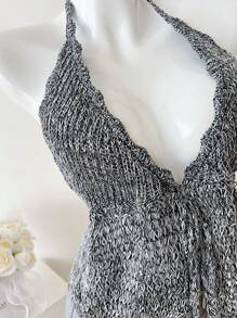Elamini Top camisole en tricot à col en V, dégradé, ajouré, polyvalent pour femmes. Doux et délicat, pour le printemps/été. - Noir et Blanc - Voir 4