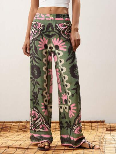 Maija 女士绿色夏季套装，前襟纽扣拉链，后腰松紧带，斜插口袋，西式度假风，印花图案别致，宽松时尚休闲日常舒适长裤