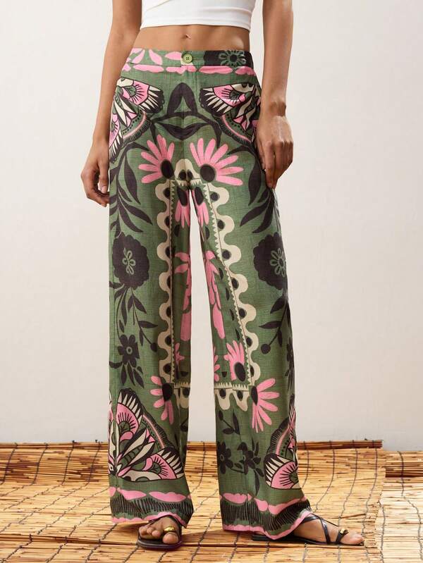 Maija Women's Green Summer Outfit, Front Button Zipper, Back Elastic Waist, Slant Pockets, Western Style, Floral Print Pattern, Relaxed Fit, Fashionable Casual Daily Wear Comfortable Pants Summer Outfits For Women Wide Leg Pants Woman Flowy Pants