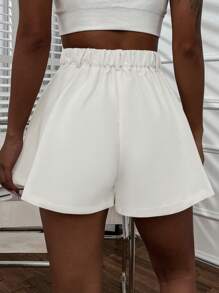 Chiquease Casual Solid Color Cuffed Slanted Pocket Shorts, Summer - White - View 2
