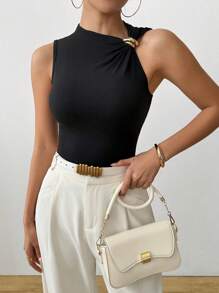 SHEIN PETITE Women's Metal Decor Asymmetric Shoulder Form-Fitting Tank Top, Summer - Black - View 5