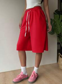 SHEIN EZwear Women's Red Knit Casual Loose Cropped Wide Leg Pants, Summer Red Shorts Wide Leg Shorts Casual Shorts Shorts For Women Comfy Long Shorts For Women Bermuda Shorts Women Red Shorts Women Women's Shorts Summer Woman Summer Outfits Women Shorts Casual - Red - View 6
