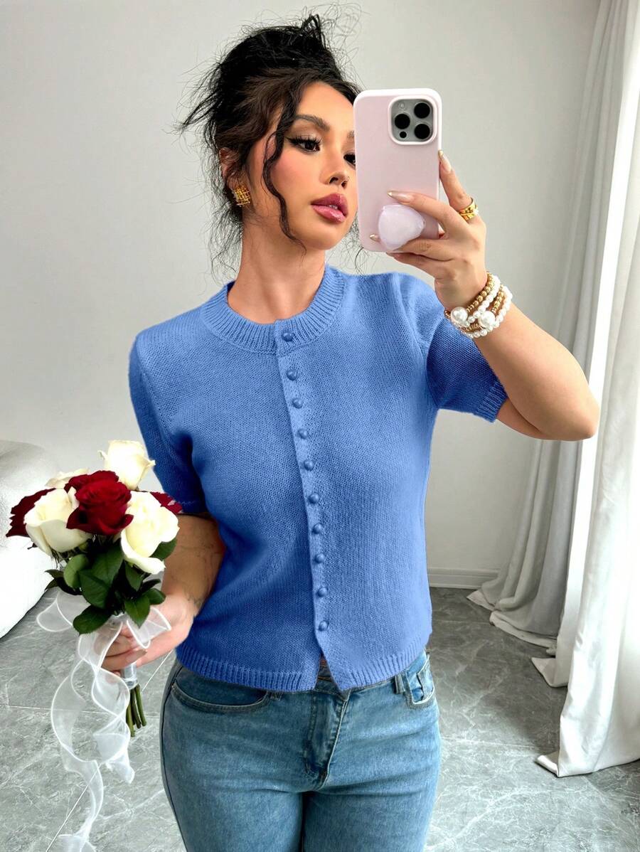 Chiquease New Casual Loose Pink Minimalist Buttoned Knit Pullover Sweater, Women Short Sleeve - Navy Blue - View 1