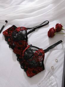 Conjunto de lencería con sujetador inalámbrico y sujetador de encaje floral delicado con diseño de cruce, talla grande