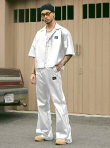 AXEPEAK Conjunto de camisa de manga corta y pantalón de piel de pu con botones y solapa ancha para hombre, listo para el streetwear