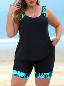 SHEIN Swim Curve Ensemble de maillot de bain tankini en patchwork avec imprimé arbre de noix de coco, pour les grandes tailles, pour l'été et les vacances à la plage