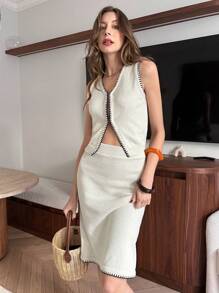 SHEIN Unity Women Sleeveless Knit Vest & Mini Skirt 2 Pieces Set - Beige - View 1