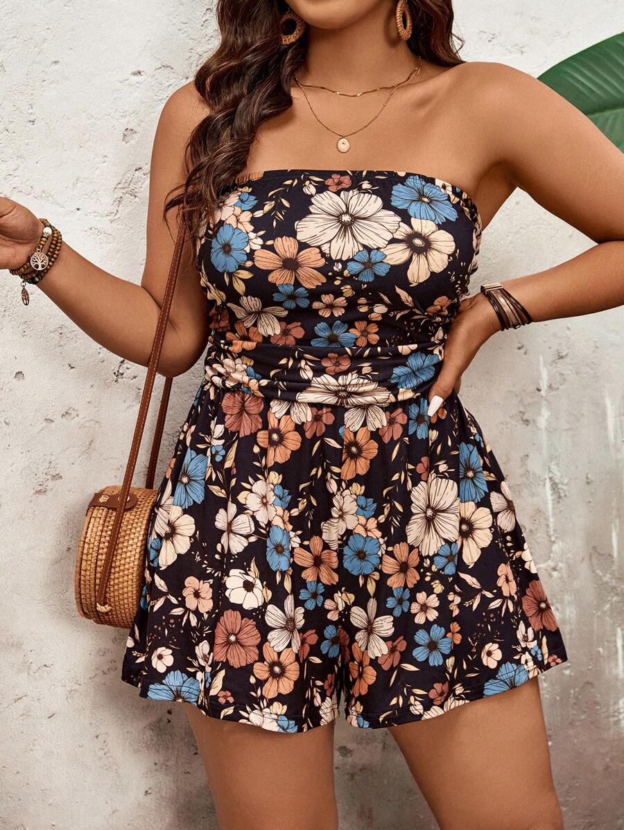SHEIN VCAY Bộ đồ liền thân in hoa cỡ lớn cho kỳ nghỉ bãi biển Quần yếm nữ đồng quê - màu đen - Xem 1