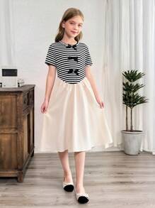 Tween Girl Casual Cute Bow Stripe Color Block Patchwork Dress, Back To School - Multicolor - View 3