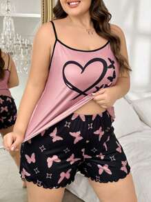 Bộ đồ ngủ áo hai dây và quần short in hình bướm và trái tim cỡ lớn - Nhiều màu - Xem 4
