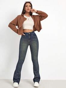SHEIN EZwear Washed Denim Blue High Waist Bleach Wash Flare Leg Jeans - Dusty Blue - View 3