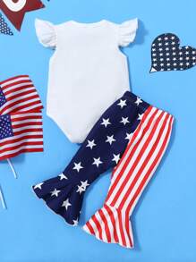 2 pièces/Set Combinaison bébé fille nouveau-né Jour de l'indépendance Imprimé Couleur contrastée avec pantalon évasé, Spécialement conçu pour le Jour de l'indépendance ou pour une utilisation quotidienne