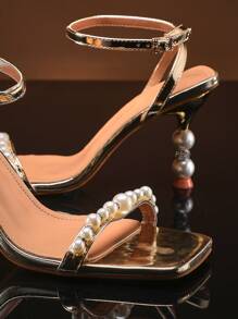 SHUZIA 女士珍珠装饰细高跟凉鞋 - 金色 - 查看 6