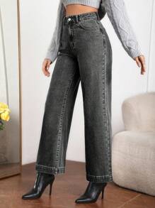 SHEIN Essnce 女士休闲日常水洗斜口袋直筒牛仔裤 - 淺灰色 - 查看 3