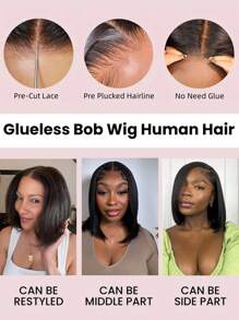 浅色 Yaki 直发无胶鲍勃假发 预剪 4x4 蕾丝前部真人发假发 预拔 可直接佩戴 短款鲍勃蕾丝闭合真人发假发 自然黑色