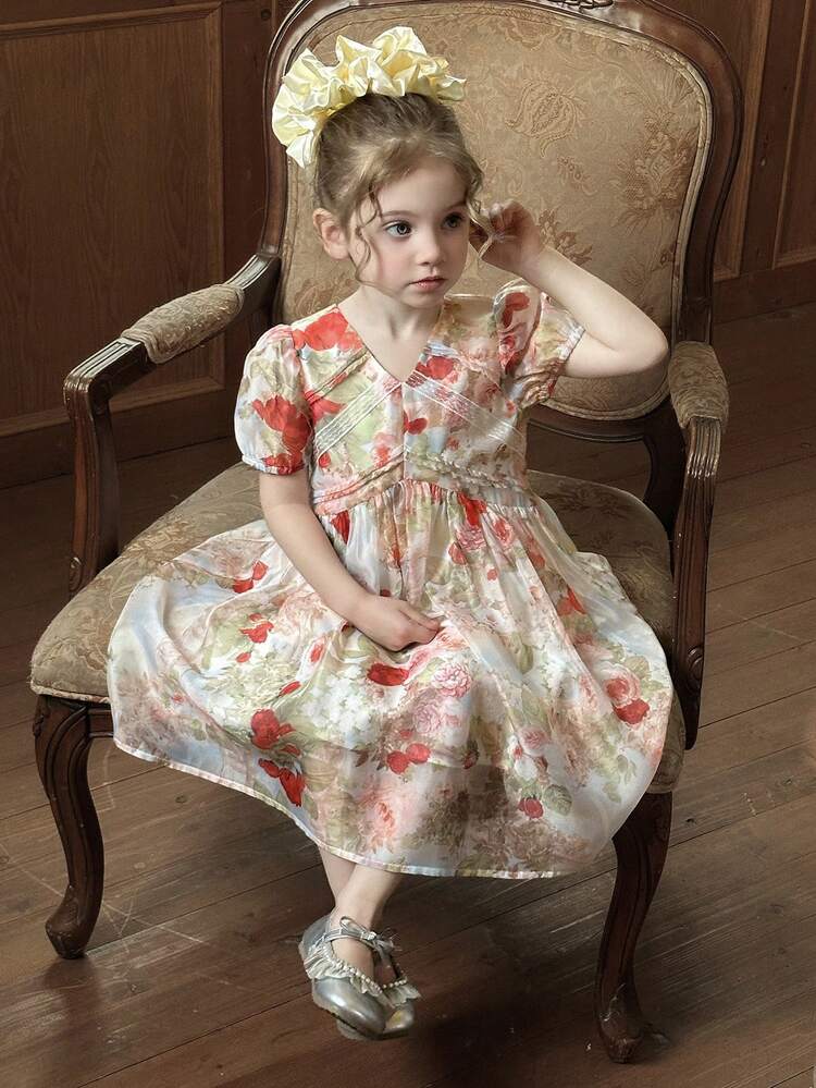 Young Girls Floral Allover Print Round Neck Casual Dress,Girls Summer Outfits