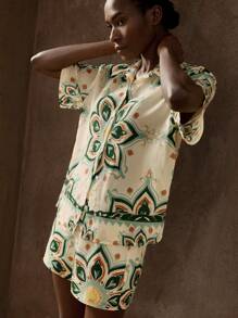 Maija Women's Multicolored Green & White Floral Print Short Sleeve Single-Breasted Shirt And Shorts Beach Vacation Set, Versatile Casual Bohemian Style Fashion Summerwear, Suitable For Beach, Vacation, Music Festival, Western Style