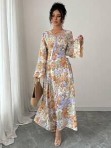 SHEIN Najma 女式V领花卉印花优雅长袖阿拉伯连衣裙 - 彩色 - 查看 6