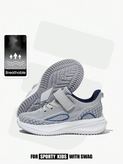 JNSQ 1 Pair Versatile Casual Comfortable Soft-Sole Breathable Lace-Up Contrast Color Grey/Blue Boys' Athletic Shoes, Back To School Season