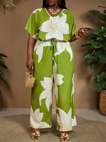 SHEIN CURVE+ Plus Size Women's Summer Casual Floral Printed Batwing Sleeve Shirt And Long Pants Set, Summer Outfits For Women, Flowy Pants, Beach Outfits For Woman, Bohemia, Vacation, Rave Outfits, Curve Plus, Boho Vacation Beach Outfits For Woman/Beach /Beach Vacation Outfits/Beach Essentials / Graduation/Tea Party  - Green - View 3